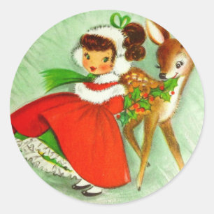 Pegatina Redonda Hermoso reno y Chica navideño