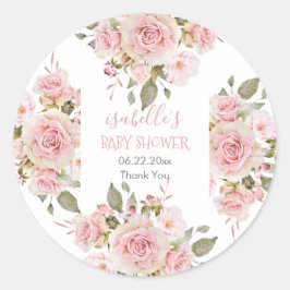 Pegatina Redonda Hermoso Rosa de acuarela rosa Floral Baby Shower