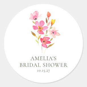 Pegatina Redonda Hermoso Shower Nupcial Floral Acuarela Rosa