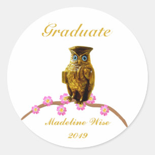 Pegatina Redonda Hermoso Sticker de Graduada Lechuza Dorada