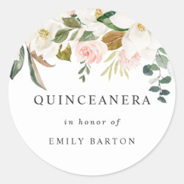 Pegatina Redonda Hermoso Stickers Florales de Quinceañera Rosa y Bl
