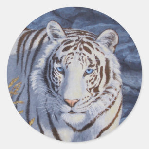 Pegatina Redonda Hermoso tigre blanco con ojos azul cristal