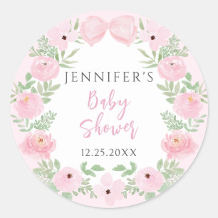 Pegatina Redonda Hermoso wreath floral rosa con lazo para baby show
