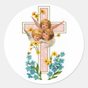 Pegatina Redonda Hermosos Ángeles Vintage Con Cruz Rosa