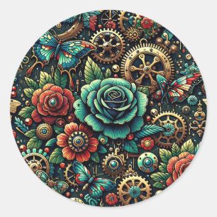 Pegatina Redonda Hermosos engranajes y Rosas temáticos de Steampunk