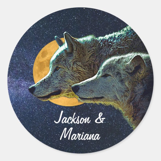 Pegatina Redonda Hermosos lobos grises de noche (Anverso)