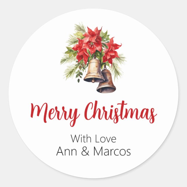 Pegatina Redonda Hermosos Navidades de Poinsettias Greenery Foliage (Anverso)