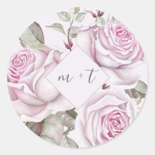 Pegatina Redonda Hermosos Rosas morados con Boda de Monogramos