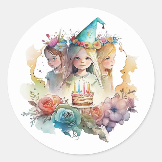 Pegatina Redonda Hermosos Stickers de cumpleaños de acuarela (Anverso)