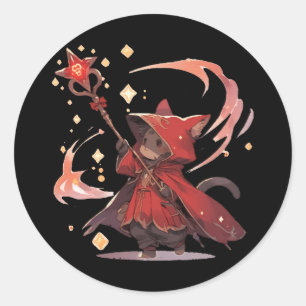 Pegatina Redonda Héroe de gato mago rojo lindo
