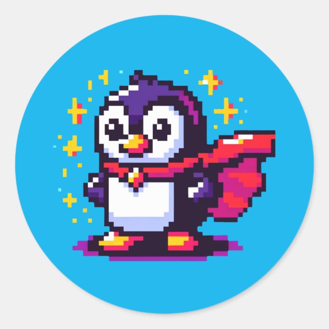 Pegatina Redonda Héroe del pingüino de Pixel: aventura retro (Anverso)