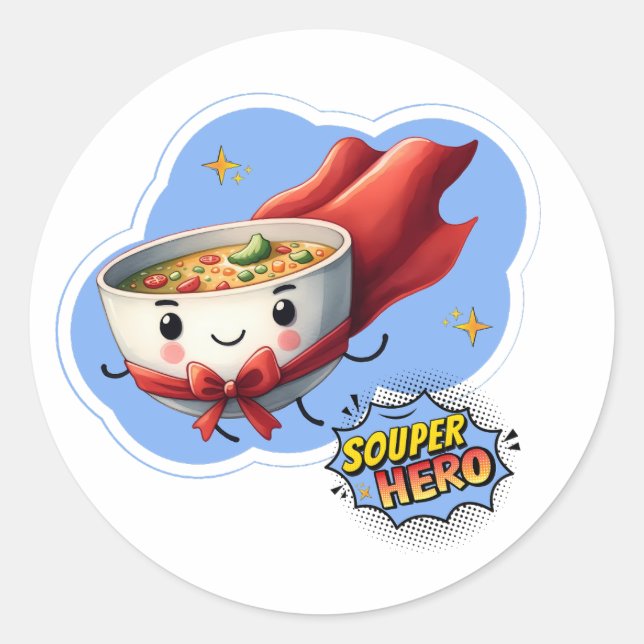 Pegatina Redonda Héroe Sopero, Sopa de Superhéroe Juego de Palabras (Anverso)