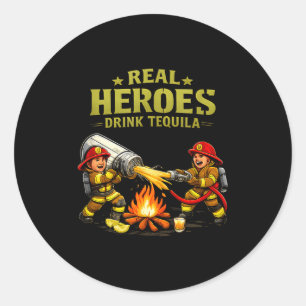 Pegatina Redonda Héroes Reales Beben Tequila Crew de Fiesta Bombero