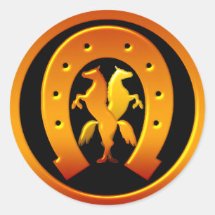 Pegatina Redonda Herradura dorada y caballos