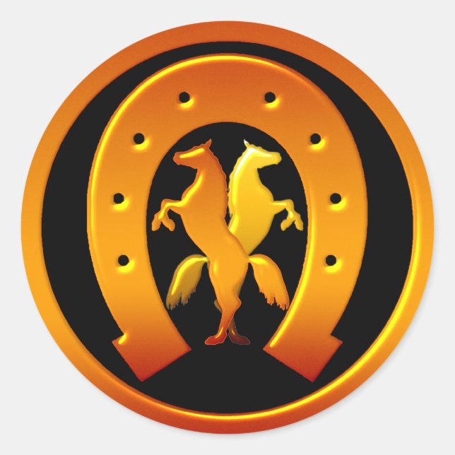 Pegatina Redonda Herradura dorada y caballos (Anverso)