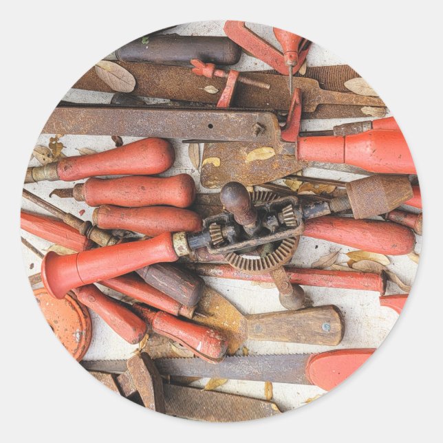 Pegatina Redonda Herramientas Herramienta Antiguo Hombre Rojo Rústi (Anverso)