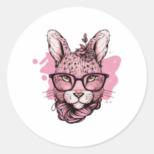 Pegatina Redonda Hervidad Cute Cara Gafas Rosa Leopardo Floral Pasc