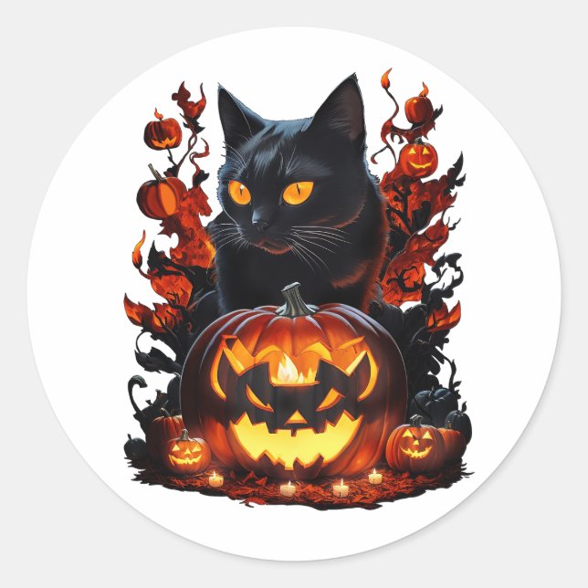 Pegatina Redonda Hex, la camiseta de gato negro de Halloween (Anverso)