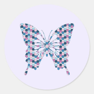 Pegatina Redonda Hexagón azul y rosa de la ciudad de las mariposas