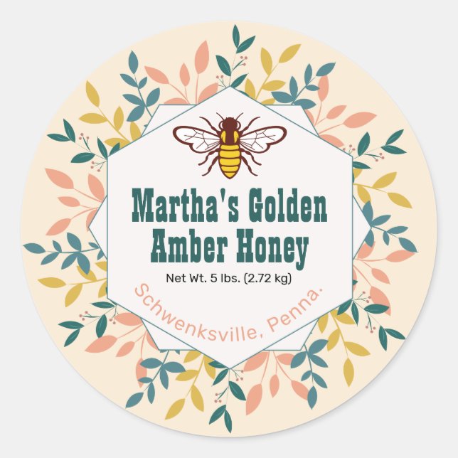 Pegatina Redonda Hexagon Wreath Antiguo Taro de Miel Blanca (Anverso)