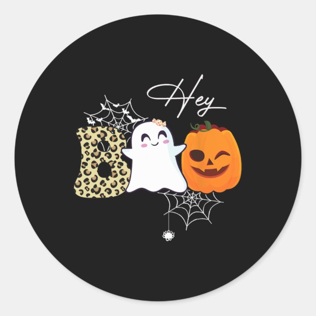 Pegatina Redonda Hey Boo Cute Ghost Pumpkin Face Halloween (Anverso)