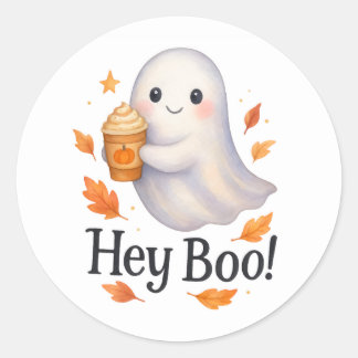 Pegatina Redonda ¡Hey Boo! - Cute latte de calabaza fantasma genera