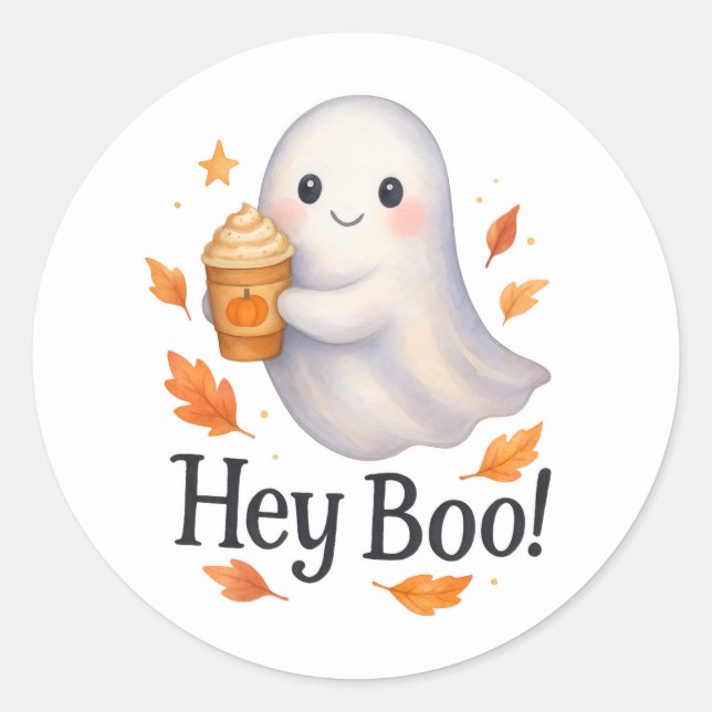 Pegatina Redonda ¡Hey Boo! - Cute latte de calabaza fantasma genera (Anverso)