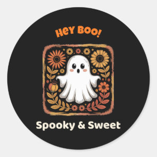 Pegatina Redonda Hey Boo Ghost Retro Halloween Spooky Cuido Octubre