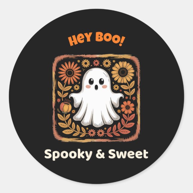 Pegatina Redonda Hey Boo Ghost Retro Halloween Spooky Cuido Octubre (Anverso)