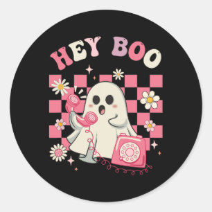 Pegatina Redonda Hey Boo Groovy Cute Ghost Funny Halloween Mujeres 