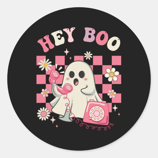 Pegatina Redonda Hey Boo Groovy Cute Ghost Funny Halloween Mujeres  (Anverso)