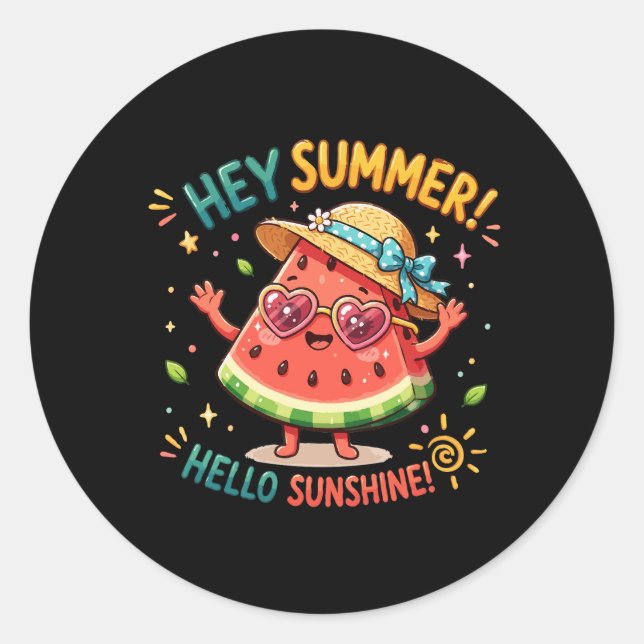 Pegatina Redonda Hey Summer Hola Sol Sandía (Anverso)
