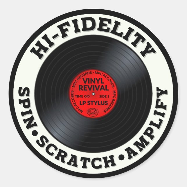 Pegatina Redonda HI-FIDELITY Spin, Scratch y Amplify (Anverso)