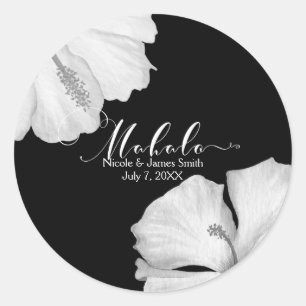 Pegatina Redonda Hibisco Blanco Favor de Boda Tropical Negro Mahalo