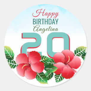 Pegatina Redonda Hibisco Cumpleaños Personalizado Hawaiano Tropical