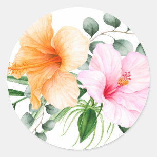 Pegatina Redonda Hibisco Tropical Floral Naranja y Rosa