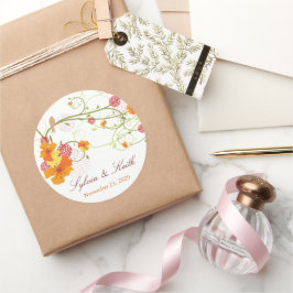 Pegatina Redonda Hibiscus Amarillo Swirls y Swallow Floral Boda