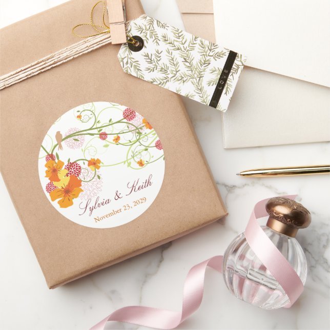 Pegatina Redonda Hibiscus Amarillo Swirls y Swallow Floral Boda (Regalar)