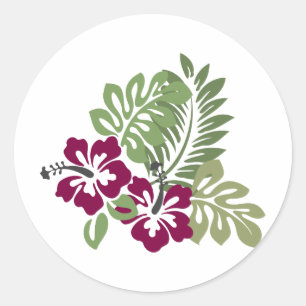 Pegatina Redonda Hibiscus Burgundy Foliage Decoración Floral Golf B