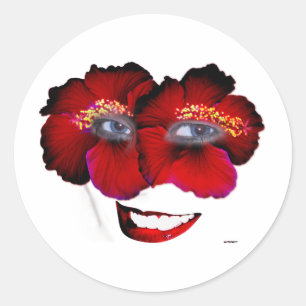 Pegatina Redonda Hibiscus Face con sonrisa - Rojo y Negro