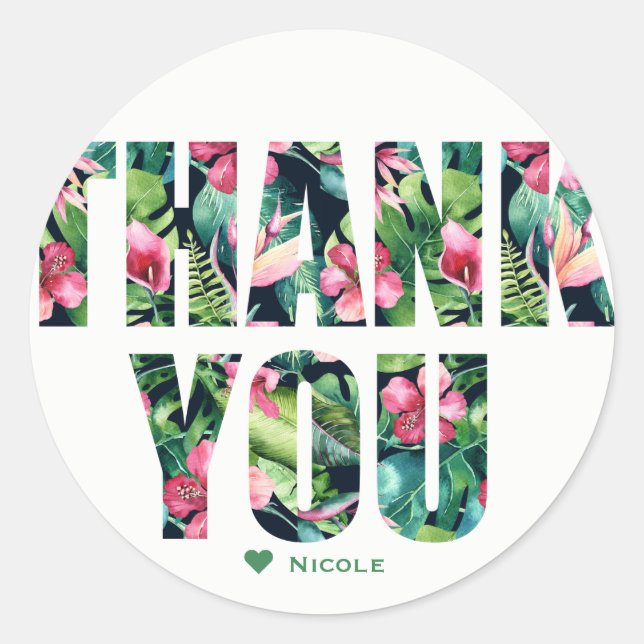 Pegatina Redonda Hibiscus Tropical Floral deja Hawaiano GRACIAS (Anverso)