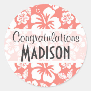 Pegatina Redonda Hibiscus Tropical Rosa Coral