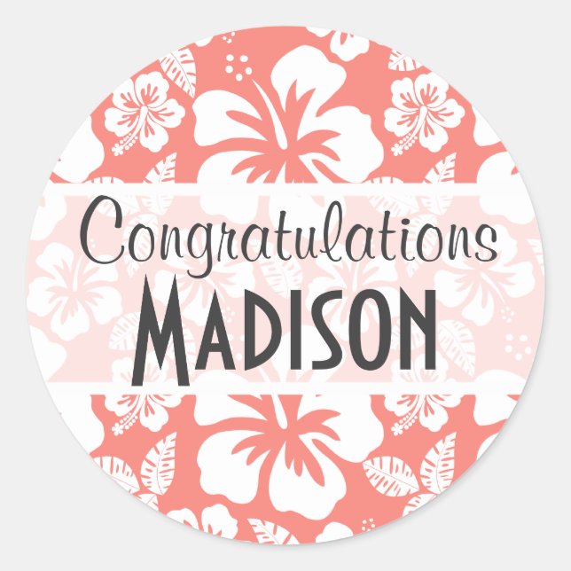 Pegatina Redonda Hibiscus Tropical Rosa Coral (Anverso)