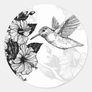 Pegatina Redonda Hibiscus y colibrí