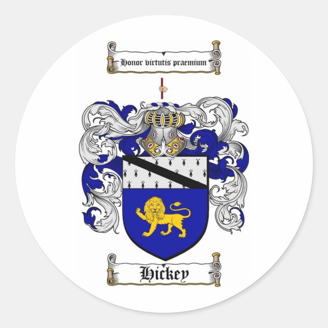 PEGATINA REDONDA HICKEY FAMILIAR CREST - HICKEY COAT OF ARMS (Anverso)