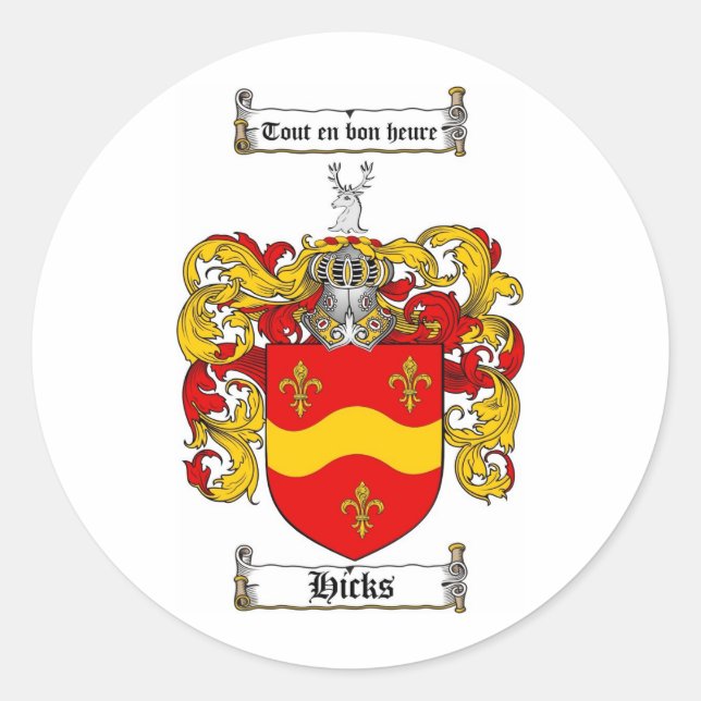 PEGATINA REDONDA HICKS FAMILIAR CREST - HICKS COAT OF ARMS (Anverso)
