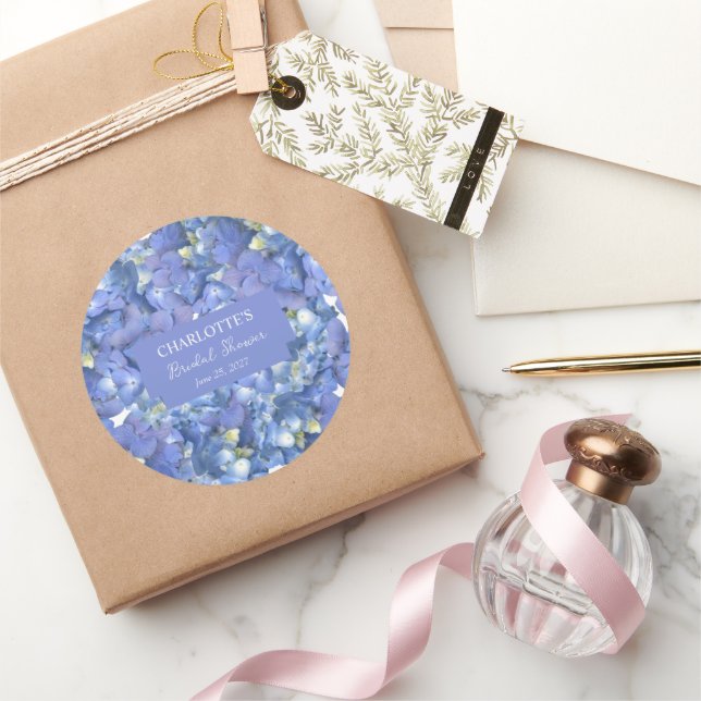 Pegatina Redonda Hidrangea azul florece ducha de novia personalizad (Regalar)
