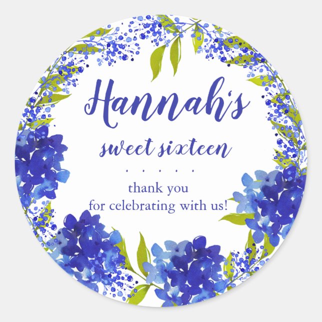 Pegatina Redonda Hidrangea Azul Personalizada Gracias Dulce Sixtee (Anverso)
