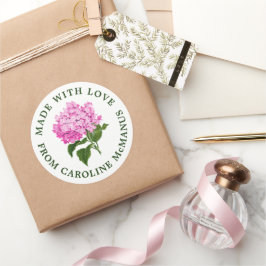 Pegatina Redonda Hidrangea blanca y rosa hecha con amor