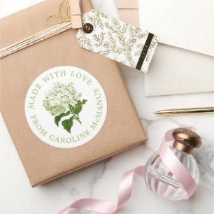 Pegatina Redonda Hidrangea blanca y verde hecha con amor